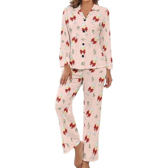 Top-kevin Champagne Glasses Winter Women's Long-Sleeve Shirt And Full-Length Bottom Pajama Set