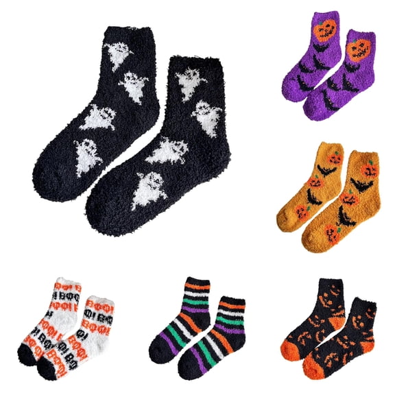 Wxolcjlv Womens Halloween Ghost Pattern Fuzzy Socks Soft Plush Warm Mid Calf Cozy Sleep Hosiery Sock