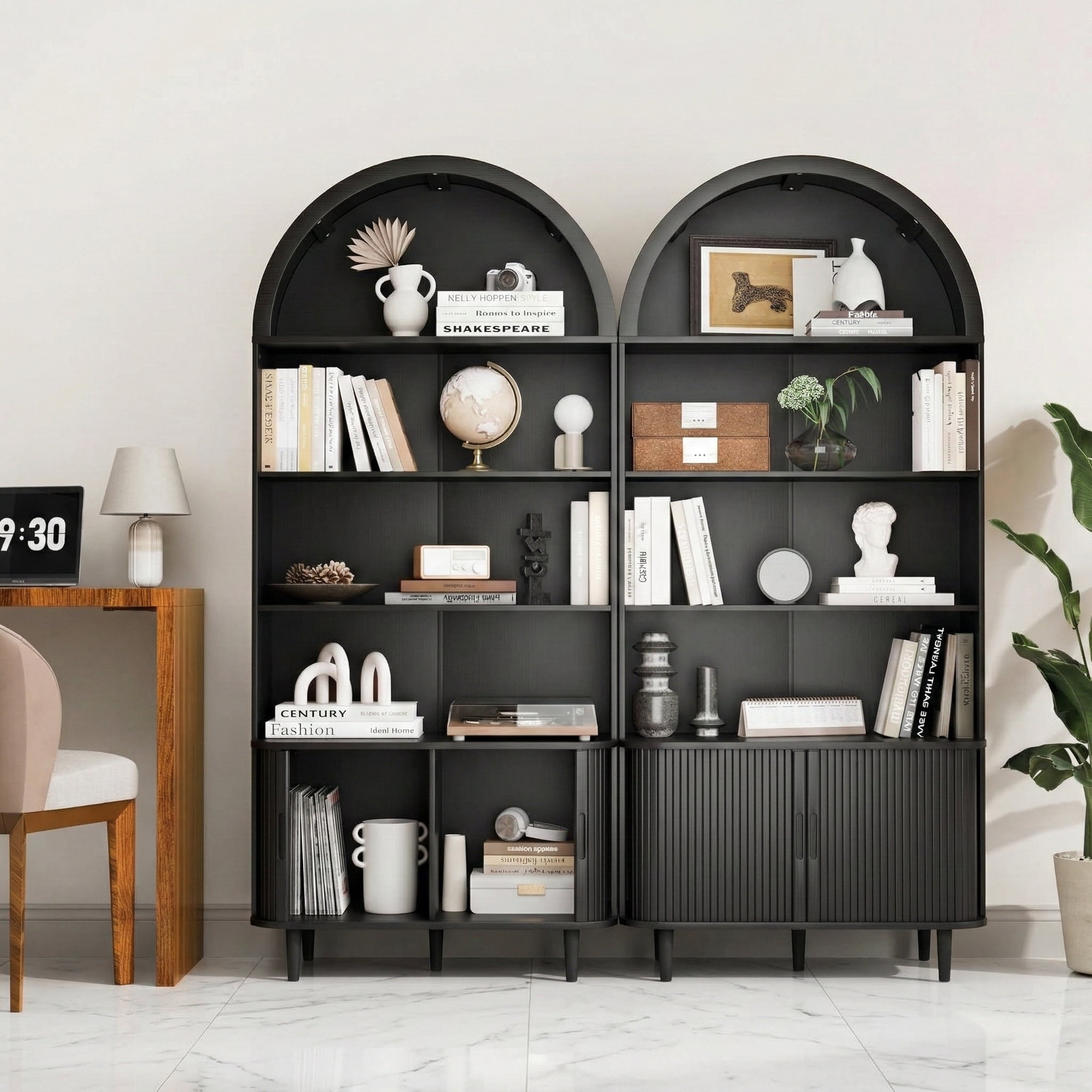 Aisword 71" Tall Arched Bookcases, 5-Tier Modern Farmhouse Bookshelf with Adjustable Shelves & Sliding Doors, Wood Display Storage Cabinet for Living Room, Office, Black