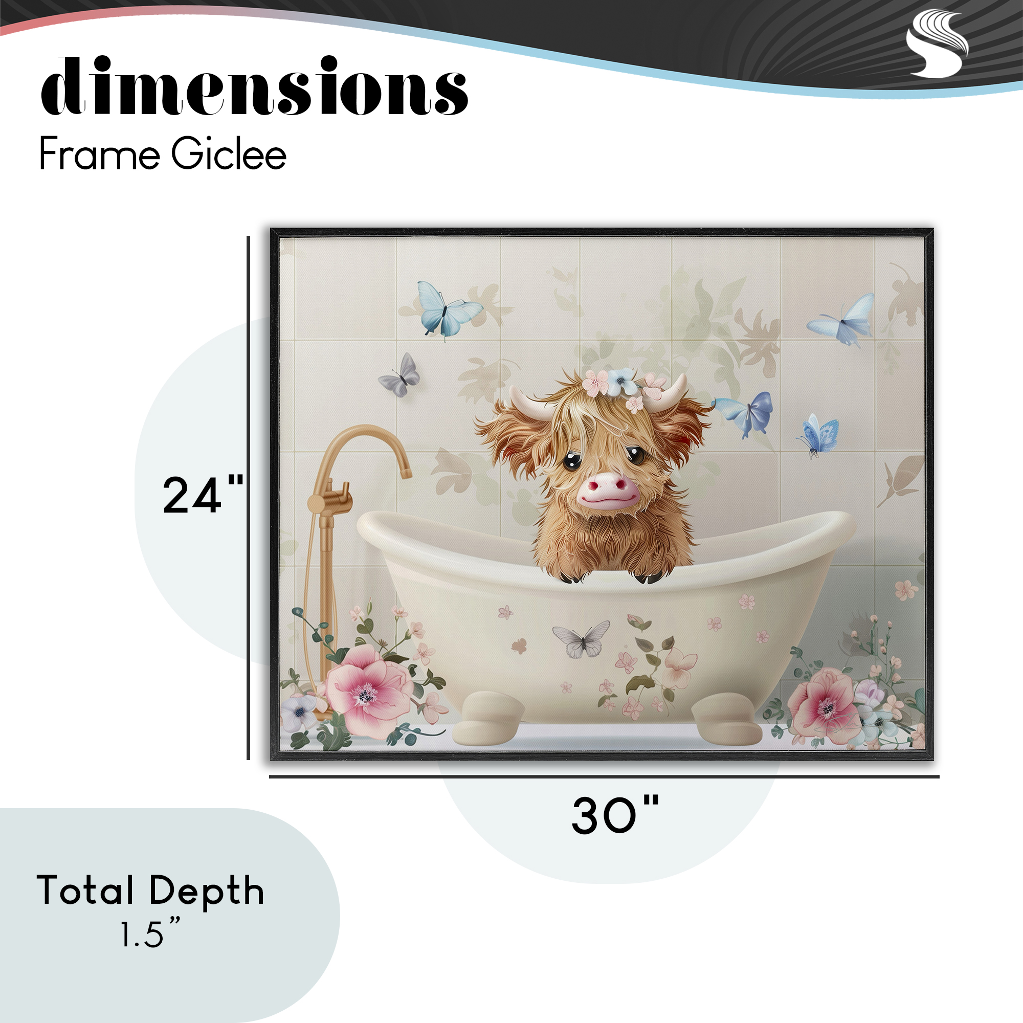 Baby Cattle in Floral Tub Black Framed Giclee Art, design by Shawna Stewart