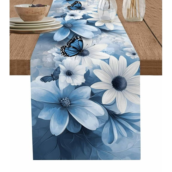 Blue White Floral Table Runner 72 Inches, Elegant Rustic Butterfly Botanical Bed Runner Dresser Scarves Tabletop for Indoor Outdoor Parties/Ceremony/Banquet, 16" x 72"
