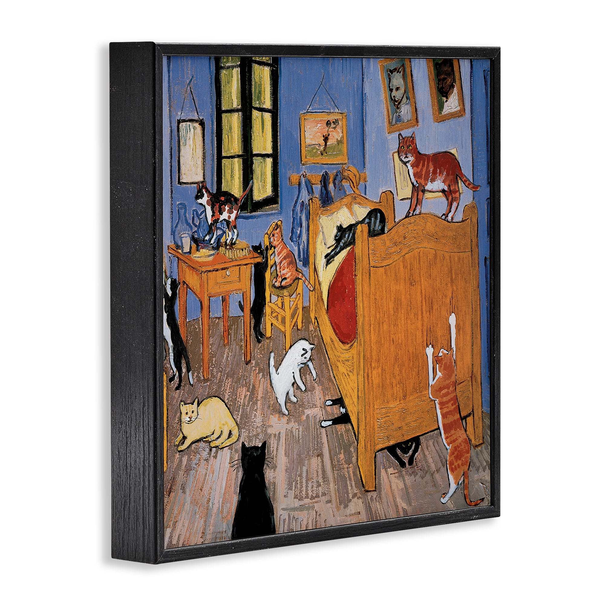 Stupell Industries Cats in Bedroom Classics Parody Animals & Insects Painting Black Framed Art Print Wall Art, 24 x 24
