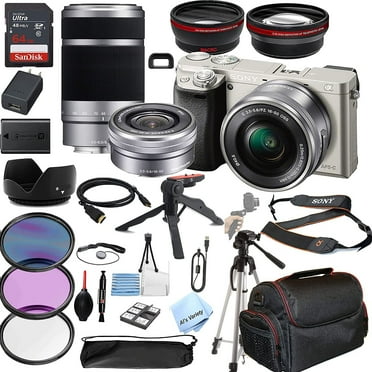 Sony Alpha a6400 Mirrorless Digital Camera Silver with 16-50mm & 55-210mm Zoom Lenses  64GB Memory, Wide Angle   Telephoto Lens, Filters, Case, Tripod   More 30PC Bundle Kit