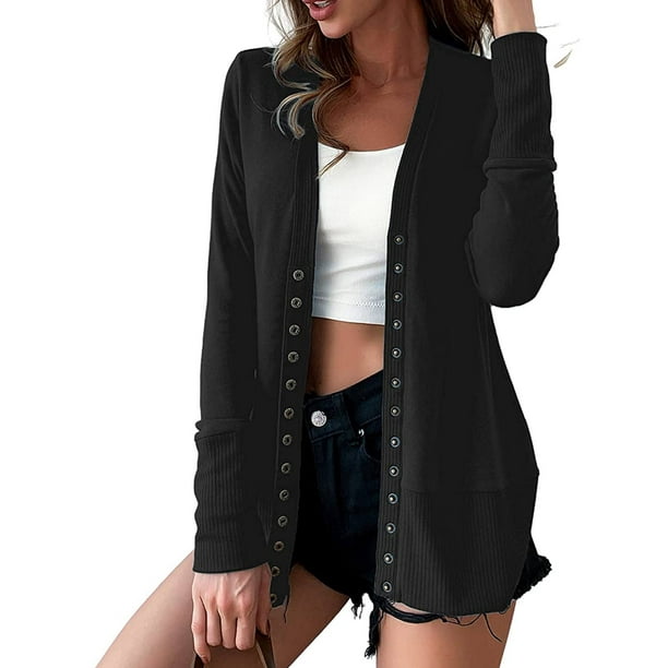 Sonducket Blusa con botones a presión para mujer, cárdigan con escote en V abierto en la parte delantera, ropa informal de Color sólido, Tops Prendas para la parte del cuerpo negro L