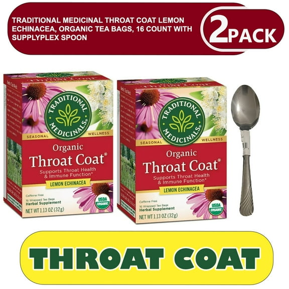2PACK| Traditional Medicinal Throat Coat Lemon Echinacea, Organic Tea 2 Bags, 32 Count with supplyplex spoon