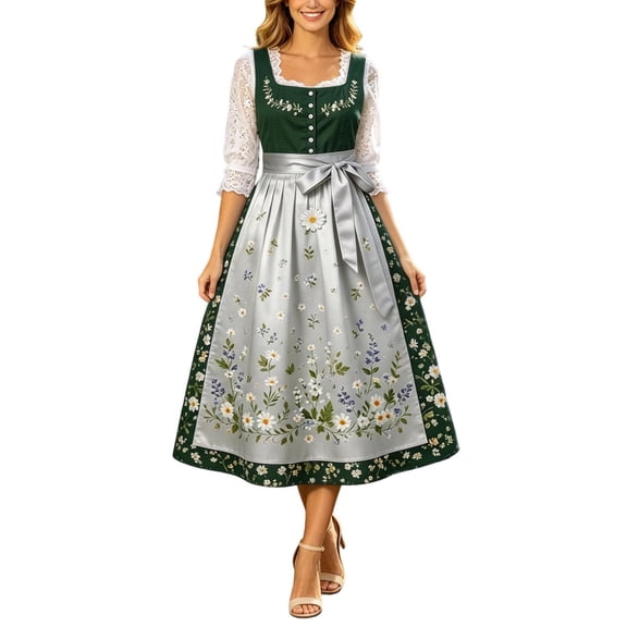 HBYJLZYG Women's Dirndl Dress, Oktoberfest Bavarian Floral Print Sleeveless Midi A-Line Dress with Apron and Waist Tie, Traditional German Festival Costume for Carnival Party