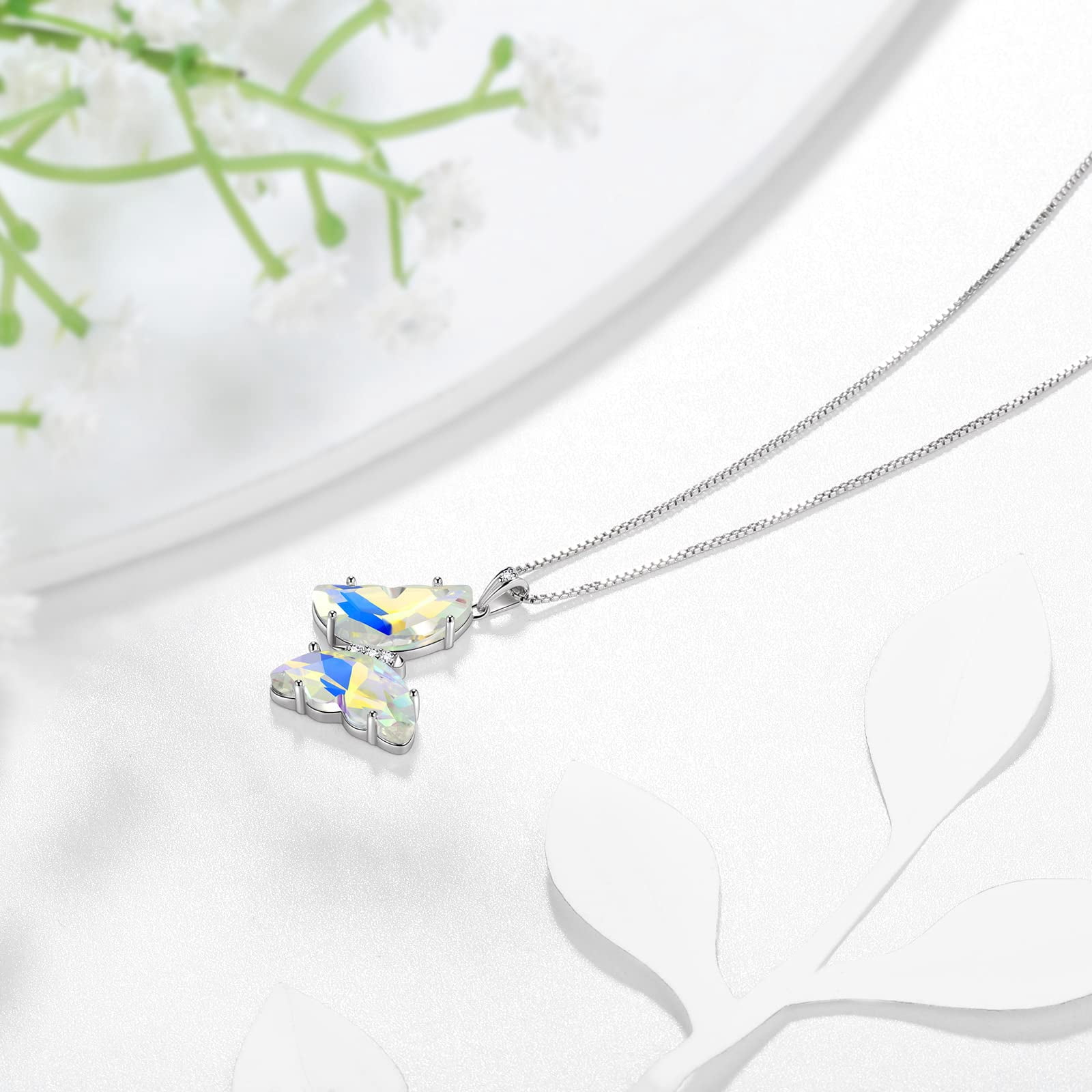 White Butterfly Necklace 925 Sterling Silver April Birthstone Necklace Pendant Jewelry Women Birthday Mother's Day Gifts Juwaliy