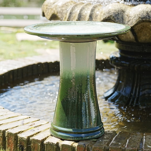 CQSXDA 17-Inch Tall Outdoor Bird Bath with Swirl Pattern, Glazed Ceramic Pedestal, for Garden Decor, Grass Green