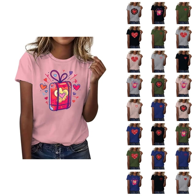 T-shirt Femme Saint-Valentin 2026 Mode Manches Courtes Col Rond Cœur Graphique