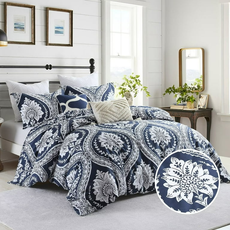 Bedduvit 100 Cotton Duvet Cover Set 400 Thread Count Damask Floral Boho Vintage Queen Duvet Cover with Zipper Closure Reversible 3 Piece Bedding