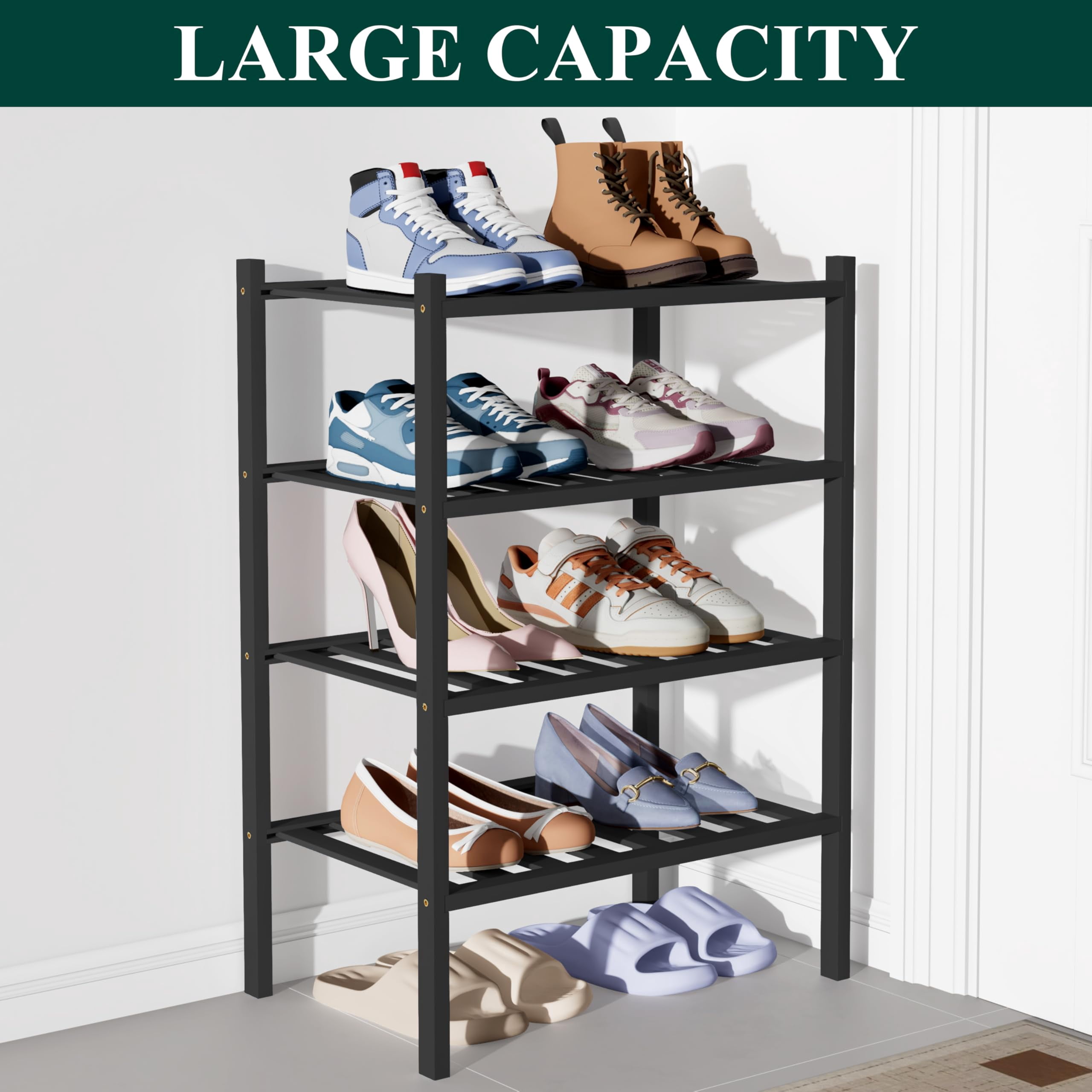 decorUhome Bamboo 4 Tier Small Shoe Rack for Closet, Shoe Storage Organizer, Wood Shoe Shelf for Entryway, Black