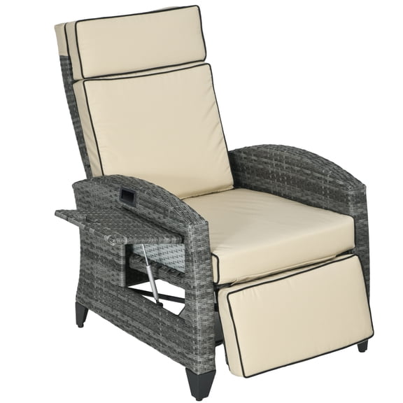 Homiyad Patio Recliner Chair, Adjustable Backrest, Cushion, Side Tray, Comfortable Outdoor Seating, Khaki | Aosom.com