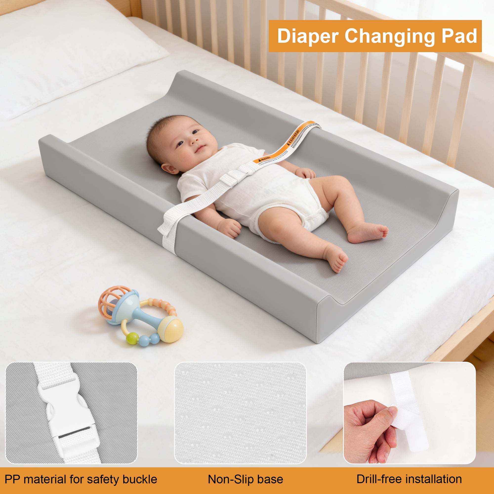 Baby Changing Pad, Qissep Vegan Leather Baby Changing Pad, Waterproof & Wipeable Soft Diaper Changing Pad for Dresser & Table, Grey, 32 x 16 x 4 inch