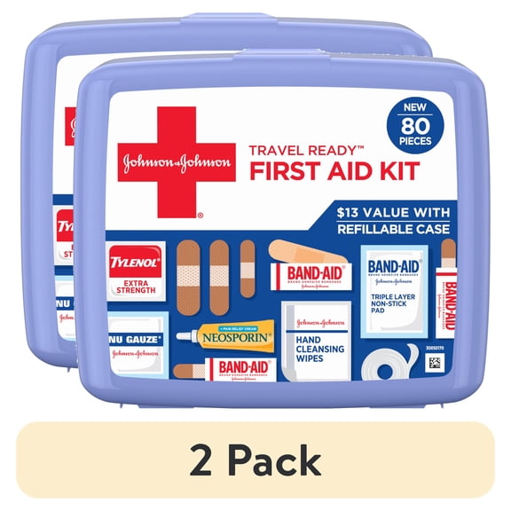 (2 pack) BAND-AID Brand Travel Ready Portable Emergency First Aid Kit, 80 Piece