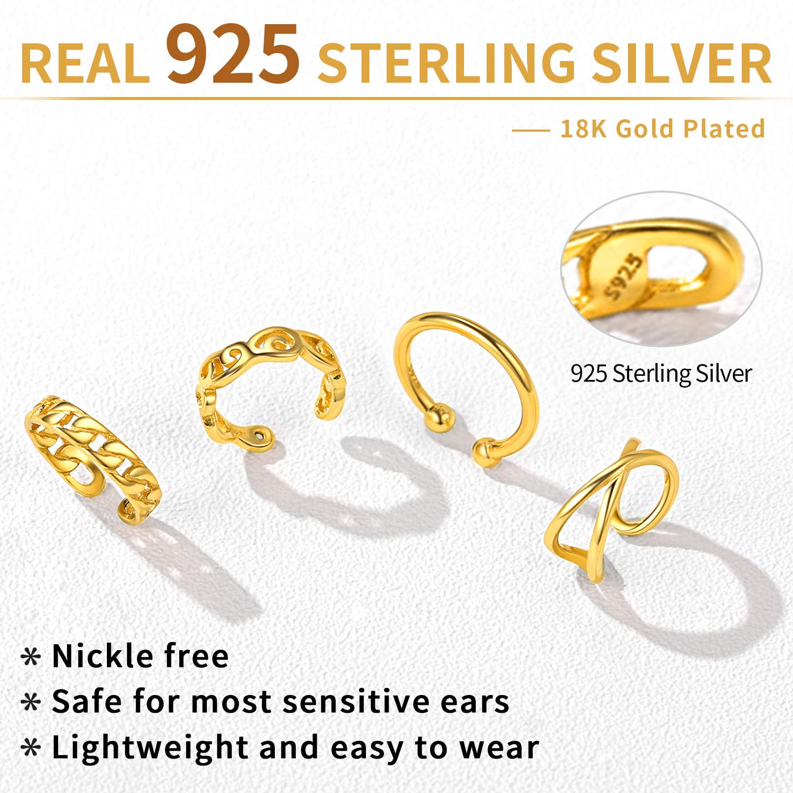 ChicSilver 4 Pcs Ear Cuff for Women Sterling Silver Earrings No Piercing Cartilage Earring Clip On Cartilage Earrings for (Gold) | Clearance