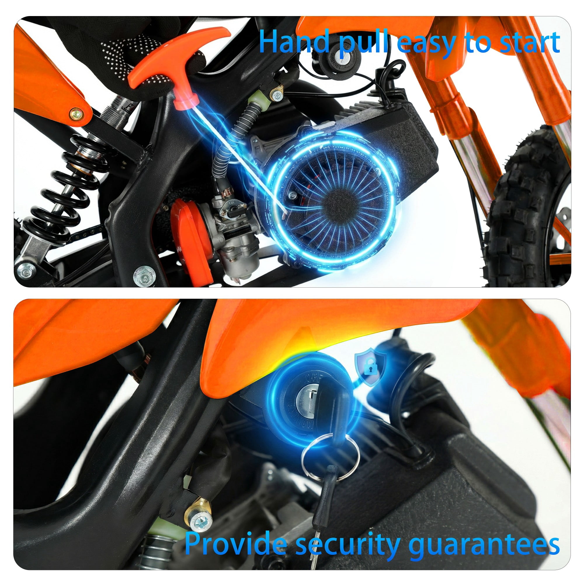 FONA 49cc 2-Stroke Dirt Bike for Kids 8-12, 25mph Mini Motorcycle with Dual Disc Brakes, Multi Terrain Tires, Suspension & Soft Seat Orange