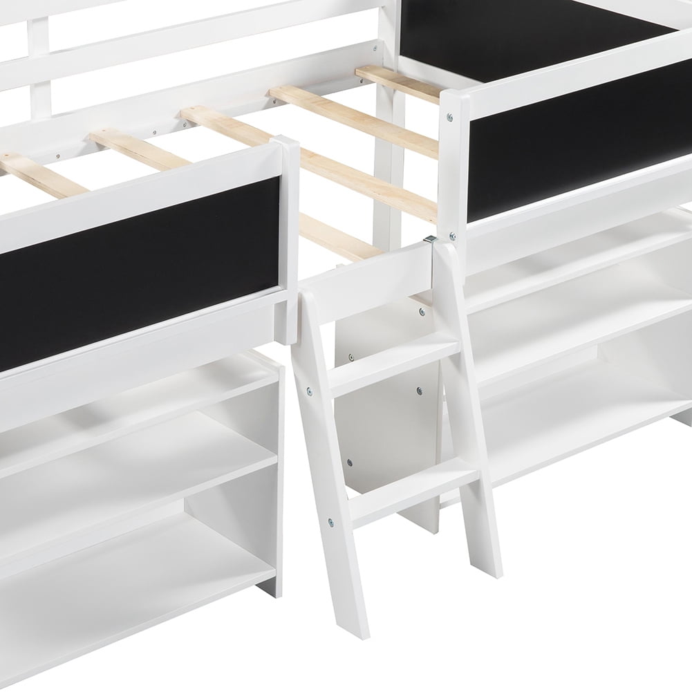 Kadyn Twin Size Low Loft Bed with Two Movable Shelves and Ladder,with Decorative Guardrail Chalkboard,White