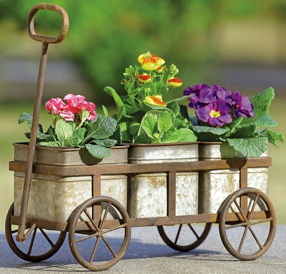 Farmhouse Metal Garden Wagon Cart Planter with 3 Pots
