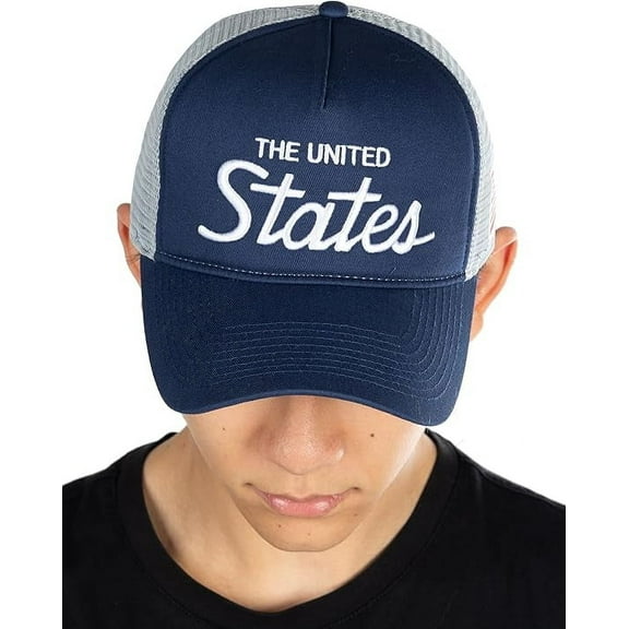Structured Cotton Mesh 5 Panel Vintage Trucker Hat: The United States - Navy