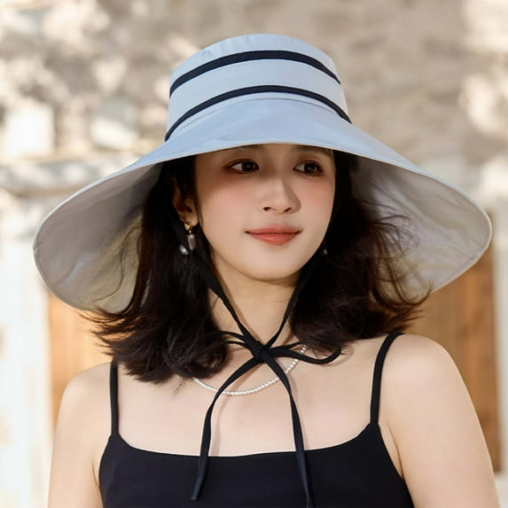 Yuanlong Womens Hats Oversized Wide Brim Sun Hat Contrast Band Windproof Chin Strap Cap Spring Summer UV Protection Hats