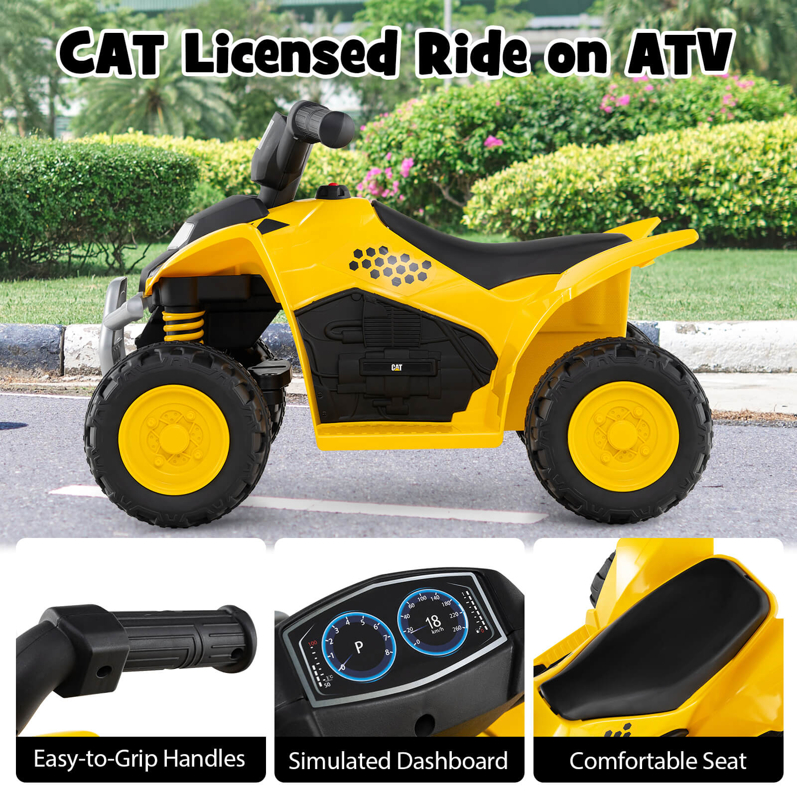 Infans CAT Licensed Kids Ride on ATV with Horn Sound LED Headlight Foot Pedal