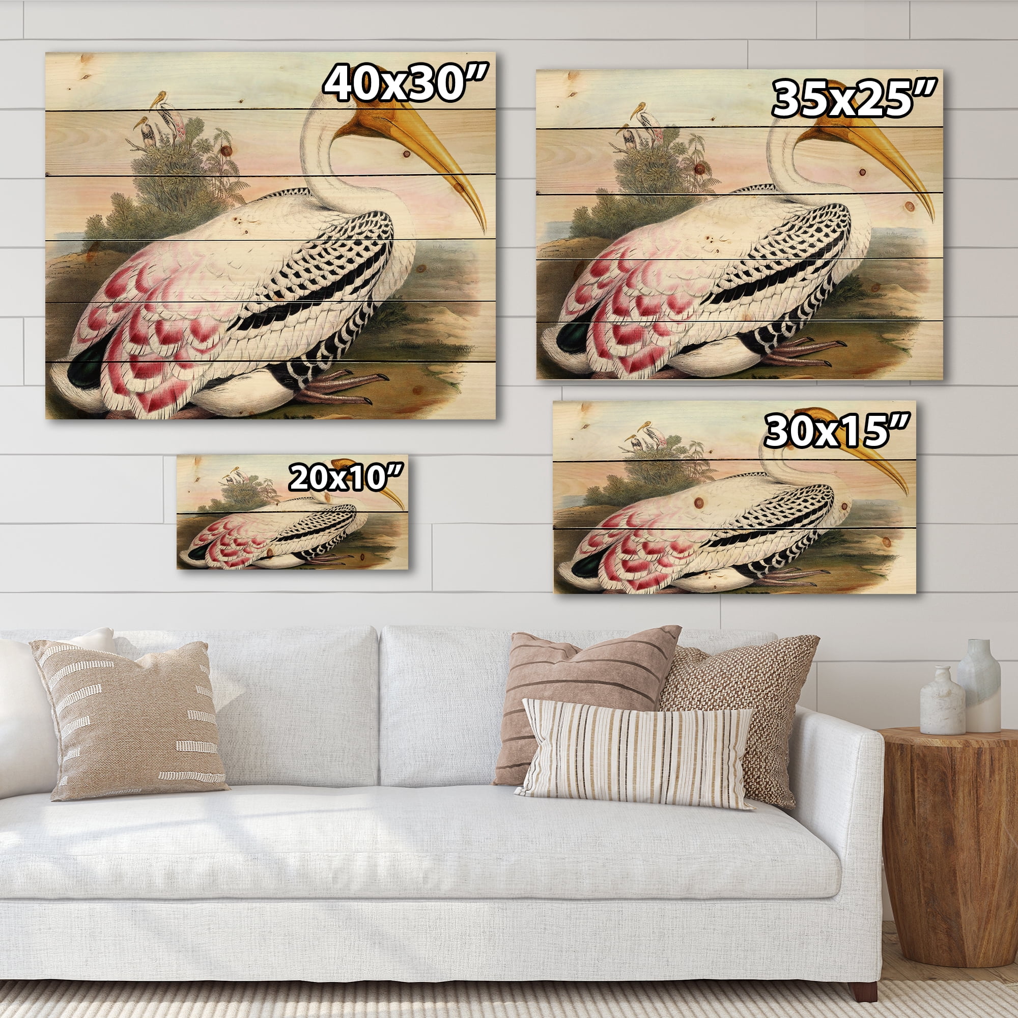 Designart 'Vintage Countryside White Birds' Farmhouse Print on Natural Pine Wood