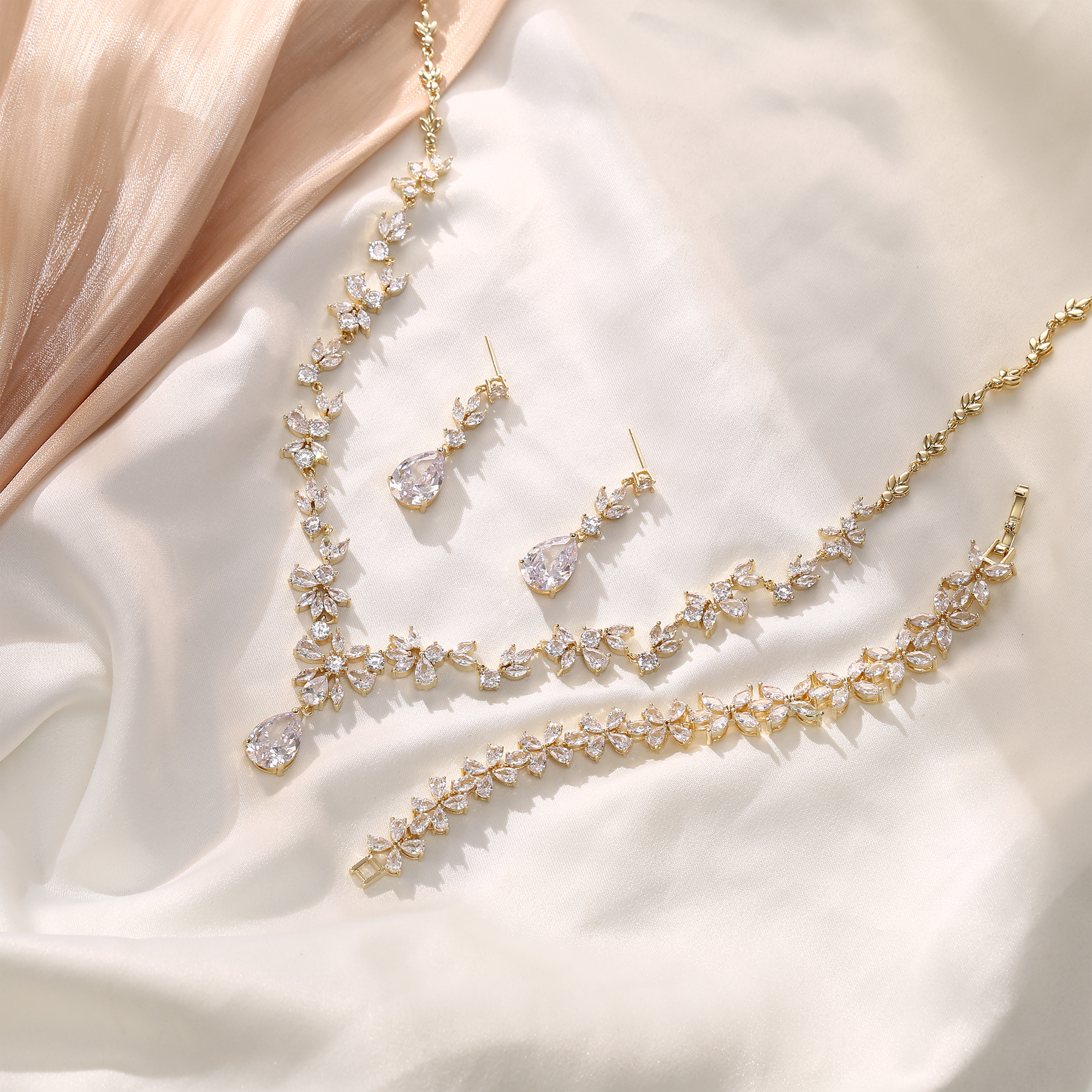Wedure Wedding Jewelry Sets for Bridal,14K Gold Plated Flower Leaf Teardrop Cubic Zirconia Necklace Dangle Earrings Bracelet Set for Women Bridesmaid - image 4 of 5
