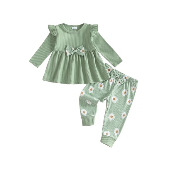 Cjfdfy Toddler Baby Girl Fall Winter Outfit Cute Floral Bow Long Sleeve Tops And Pants Two-piece Set Infant Outfit Long Sleeve Ribbed Tops And Stretch Pants