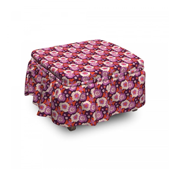 Floral Ottoman Cover, Abstract Flower, 2 Piece Slipcover Set with Ruffle Skirt for Square Round Cube Footstool Decorative Home Accent, Standard Size, Plum Fuchsia, by Ambesonne