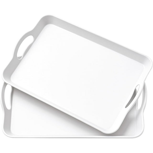 Set of 2 Large White Melamine Serving Tray with Handles, Rectangular Outdoor Dinner Plastic Fruit Platters Trays for Eating, Appetizer, Charcuterie, Snack, Fruit, Desserts, Food Parties