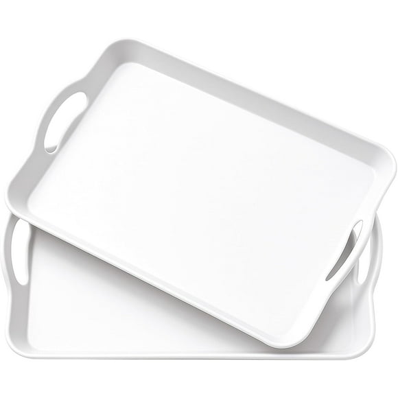 Set of 2 Large White Melamine Serving Tray with Handles, Rectangular Outdoor Dinner Plastic Fruit Platters Trays for Eating, Appetizer, Charcuterie, Snack, Fruit, Desserts, Food Parties