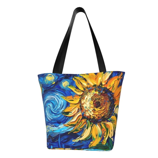 Fotbe vintage Starry Sunflower Bolsa de Playa con Estampado, Bolsa de Hombro, Bolsa de Mano Espaciosa, Bolsa de Viaje Ligera, Bolsa de Compras Versátil