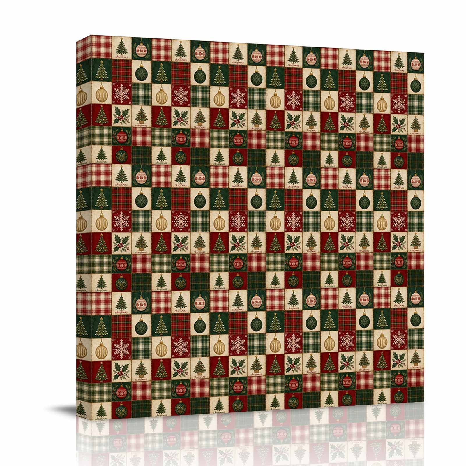 Canvas Wall Art Christmas Patchwork Framed Canvas Prints for Living Room Bathroom Xmas Tree Balls Farmhouse Green Red Grid Gallery Wrapped Wall Decor for Home Office Gifts 12 x12 Ship Next Day
