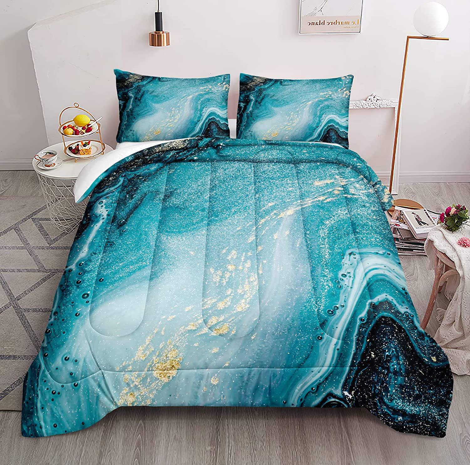 RENR Queen Size Comforter Set Turquoise Blue Marble Comforter Set Blue