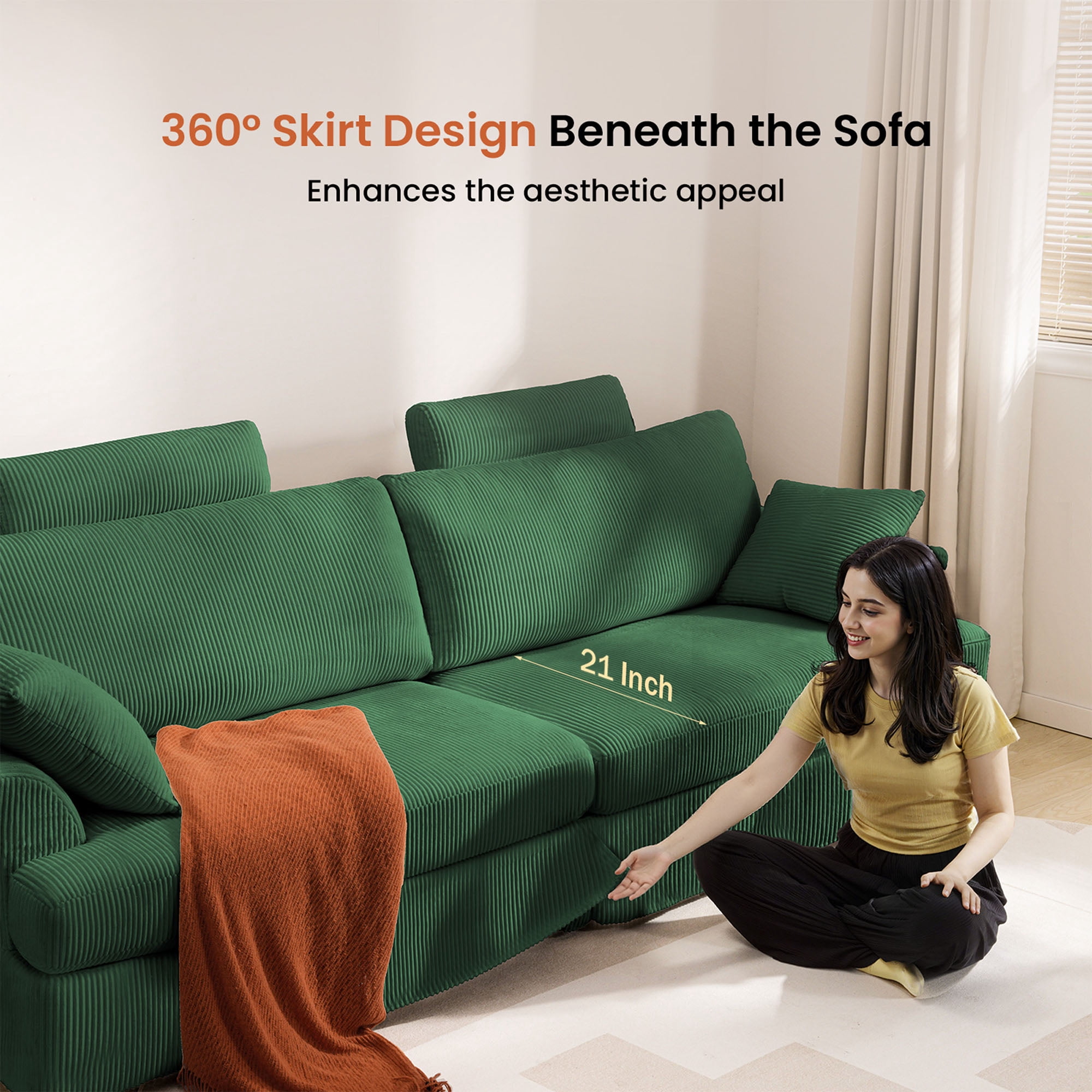 87" Cloud Comfy Sofa Couch with Deep Seat and Thick Cushion, Corduroy Upholstered Fabric Soft for Living Room Office, Green (Includes Headrest)