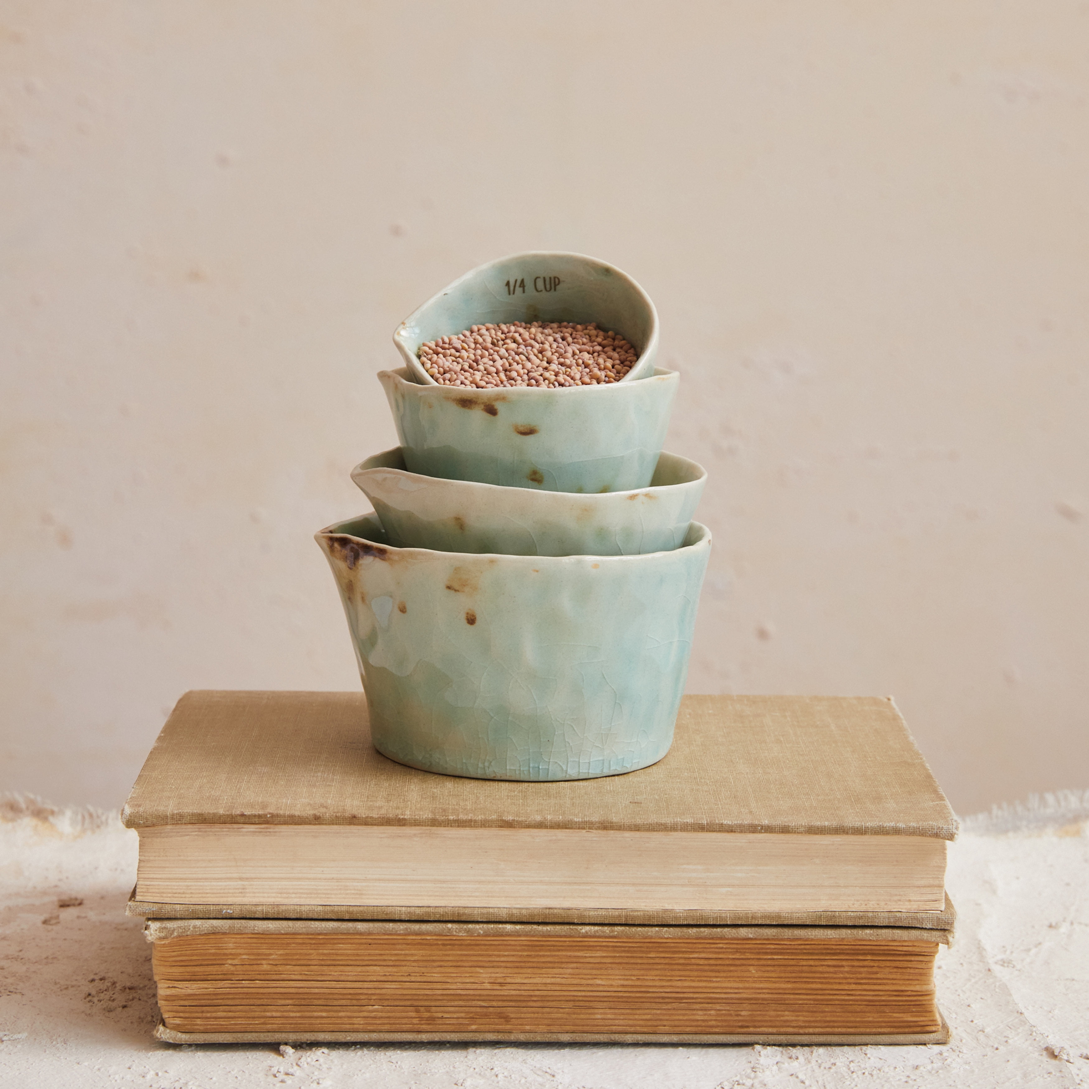 Creative Co-Op Stoneware Measuring Cups with Reactive Crackle Glaze, Green, Set of 4