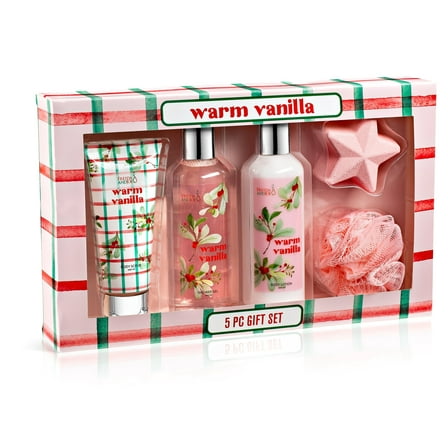 Warm Vanilla Bath and Body Gift Set for Women and Men, Includes Shower Gel, Bubble Bath, Body Scrub, Bath Fizzer, Bath Sponge, Luxury Self-Care Spa Kit