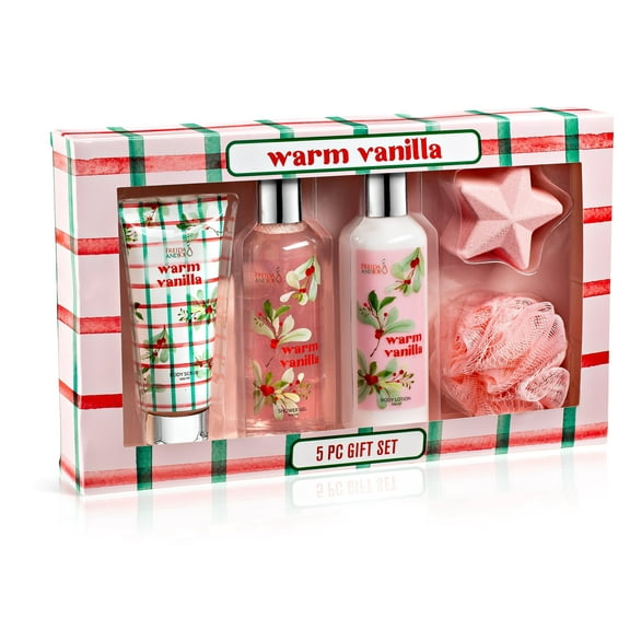 Warm Vanilla Bath and Body Gift Set for Women and Men, Includes Shower Gel, Bubble Bath, Body Scrub, Bath Fizzer, Bath Sponge, Luxury Self-Care Spa Kit