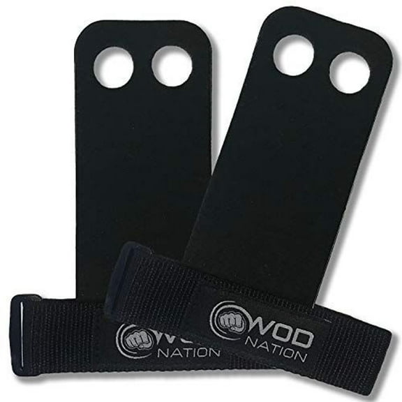 WOD Nation Leather Gymnastics Hand Grips - Kettlebell Forearm Guards & Dumbbell Weight Grips - Gymnastic Rings & Pull-Up Bar Cover - Nylon Wrist Strap for Strength Training - Medium, Black