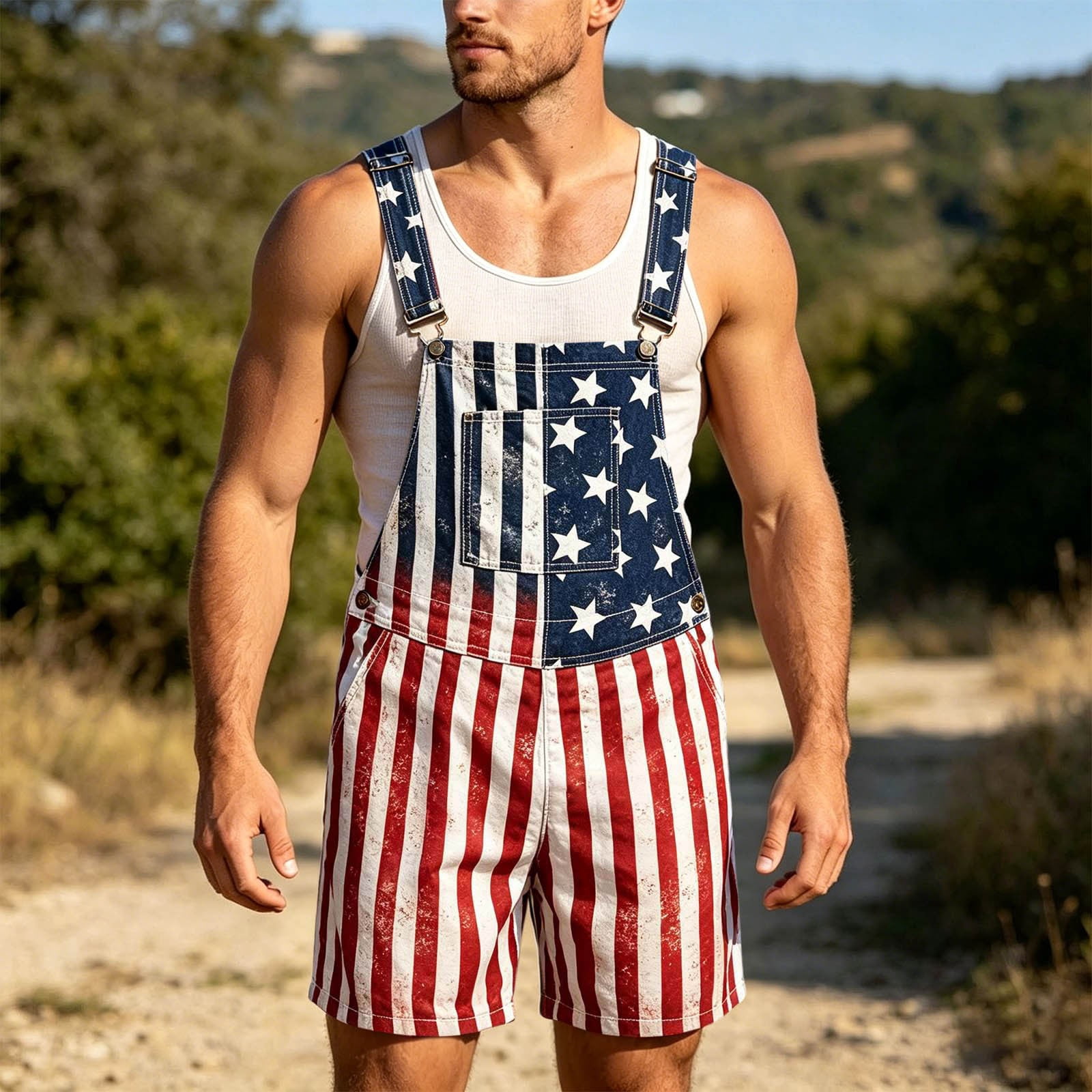 250th Anniversary American Flag Overalls Denim Bib Jumpsuit Shorts Jean Romper for Men