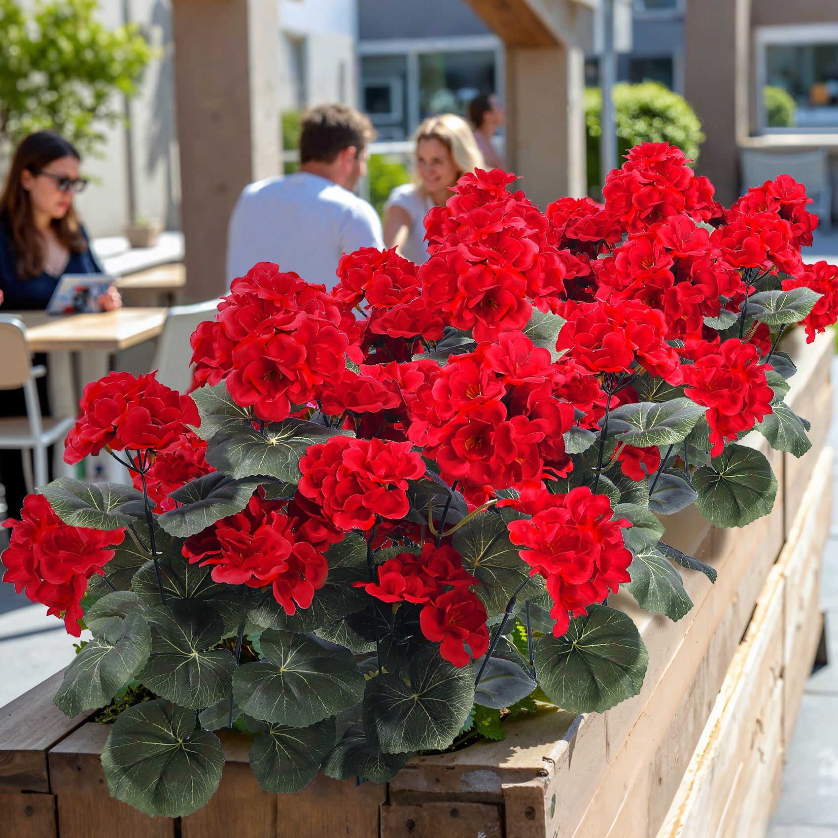 Scidweet Fake Geraniums Flowers, 6 Bundles 21'' Artificial Silk Flowers Faux Plants for Spring Summer Indoor Outdoor Table Patio Porch Yard Garden Home Decor, Ruby Red