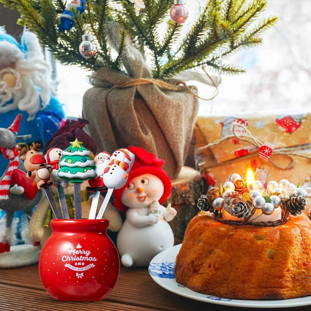 Tenedor de silicona para frutas de Navidad, tenedor para ensalada, tenedor de acero inoxidable para comida para niños con portavasos de cerámica, tenedor de fruta reutilizable, regalo de Navidad