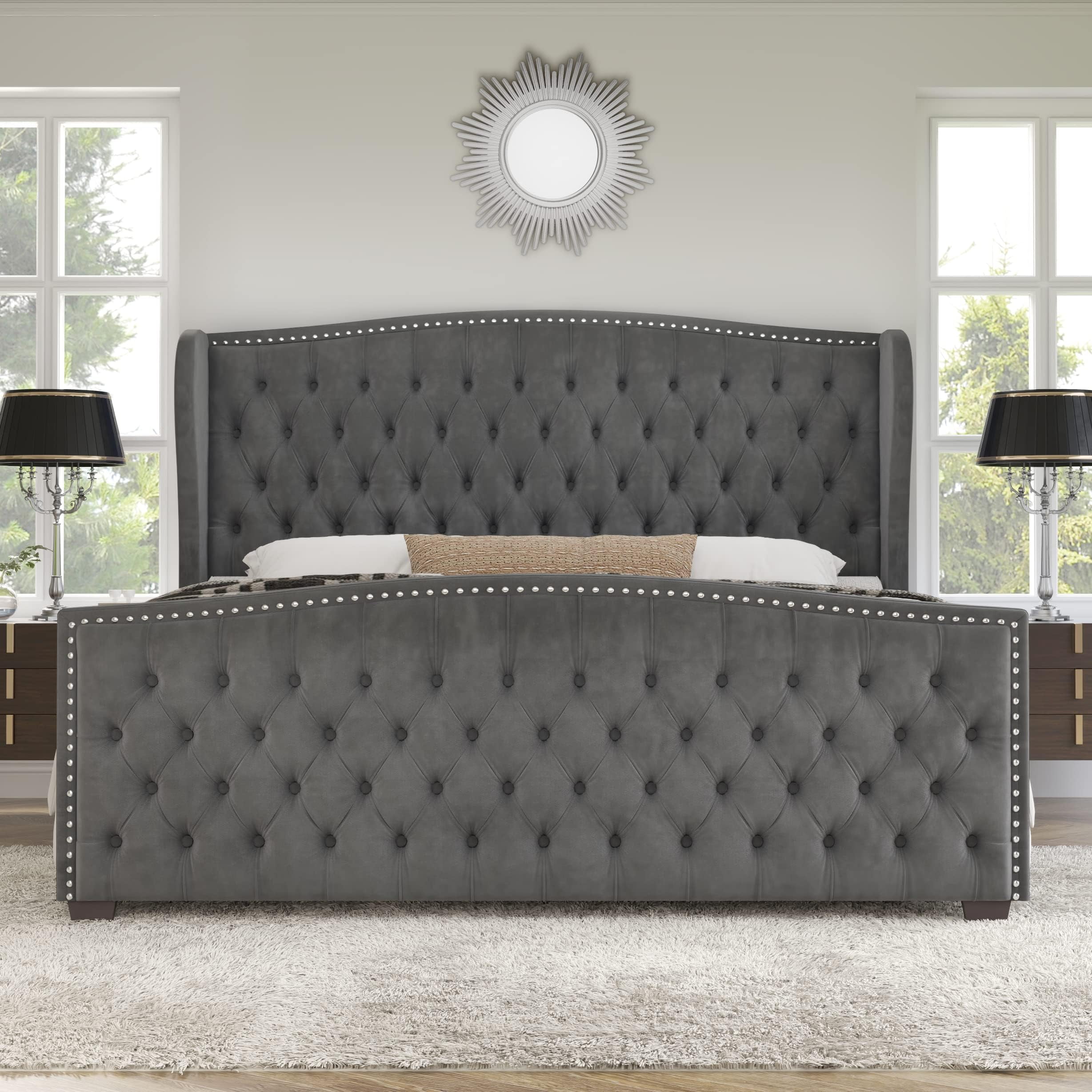 VanAcc California King Size Platform Bed Frame, Velvet Upholstered Bed with Deep Button Tufted & Nailhead Trim Wingback Headboard, Grey