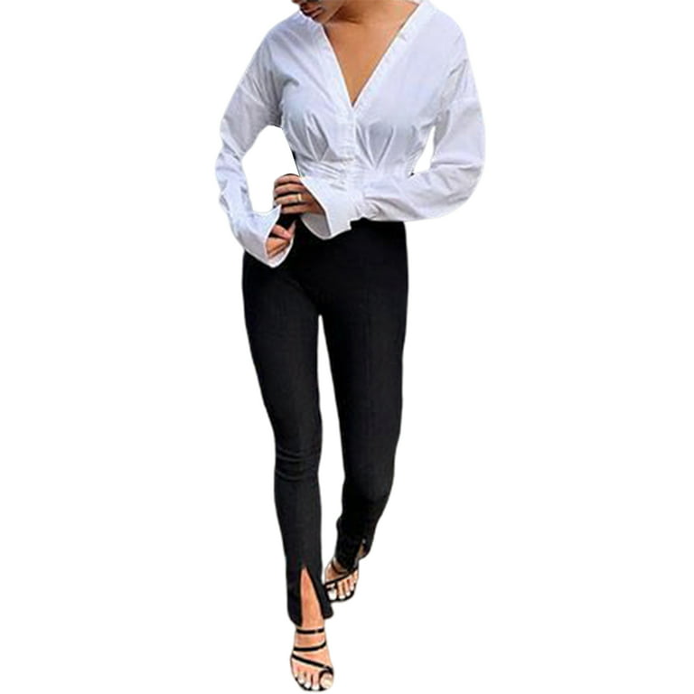 Lady Suit Pants Long Trousers Flare Bell Bottom Front Slit Black Stretchy  Formal