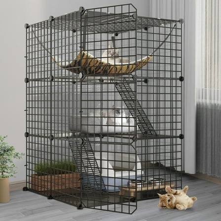 SAEWUD 3-Tier Cat Cage Kennel, DIY Indoor Metal Cat Crate Playpen with Doors, Safe & Spacious Pet Enclosure for Home Use (28"x28"x41")