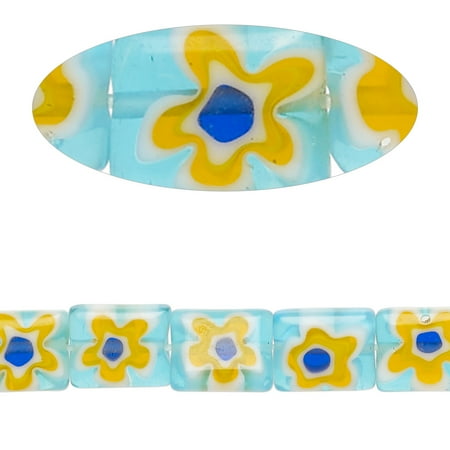 

1 PC-Bead millefiori glass translucent cobalt blue / light blue / yellow / white 10x8mm puffed rectangle with single flower design. Sold per 14-in