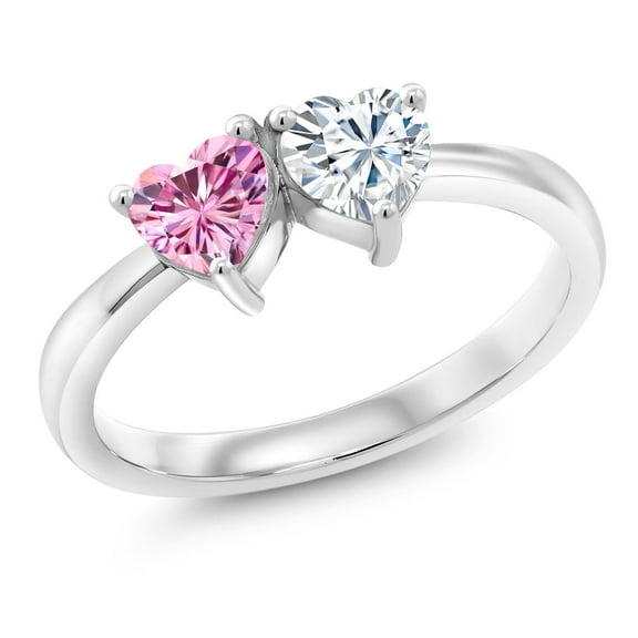 Gem Stone King 925 Sterling Silver Ring Set with Heart Shape Pink Moissanite and Moissanite Near Colorless (GH, Size 6) (1.00 Cttw, Size 6)