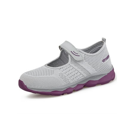 

Welliumy Womens Mary Jane Mesh Walking Shoes Comfort Casual Shoe Sports Sneakers Work Non Slip Magic Tape Flats Gray 5.5