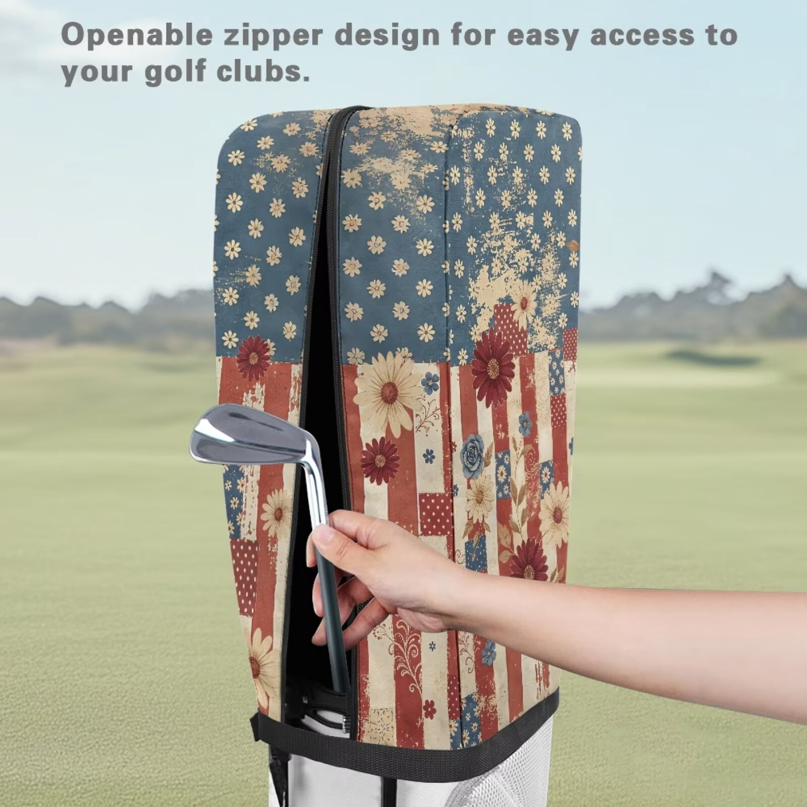 Chririnla American Flag Golf Bag Cover Rain Hood Universal Fit Dustproof Daisy Golf Club Bags Rain Cover Waterproof Foldable Easy Storage 1260D Polyester Fits Golf Staff & Cart Bags