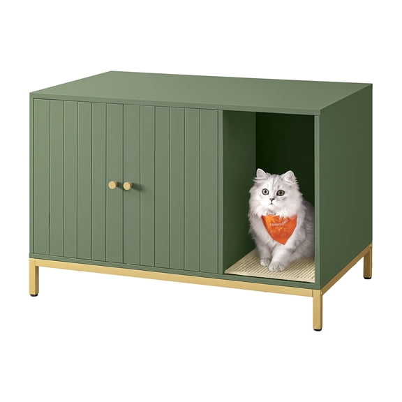 Feandrea Litter Box Enclosure, Modern Cat Litter Box Furniture Hidden, with Scratching Mat, Cat House, Side End Table, Forest Green and Gold